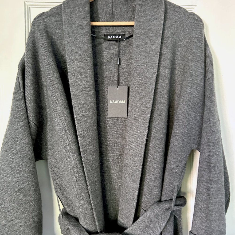 NAADAM Luxe Merino Cashmere Tie Waist Coat in "granite" Size L, BRAND NEW